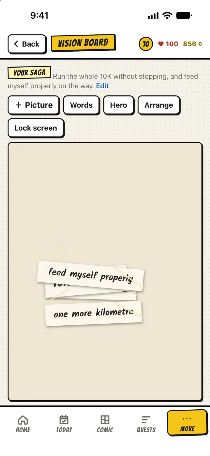 The vision board: torn paper words on a cork background
