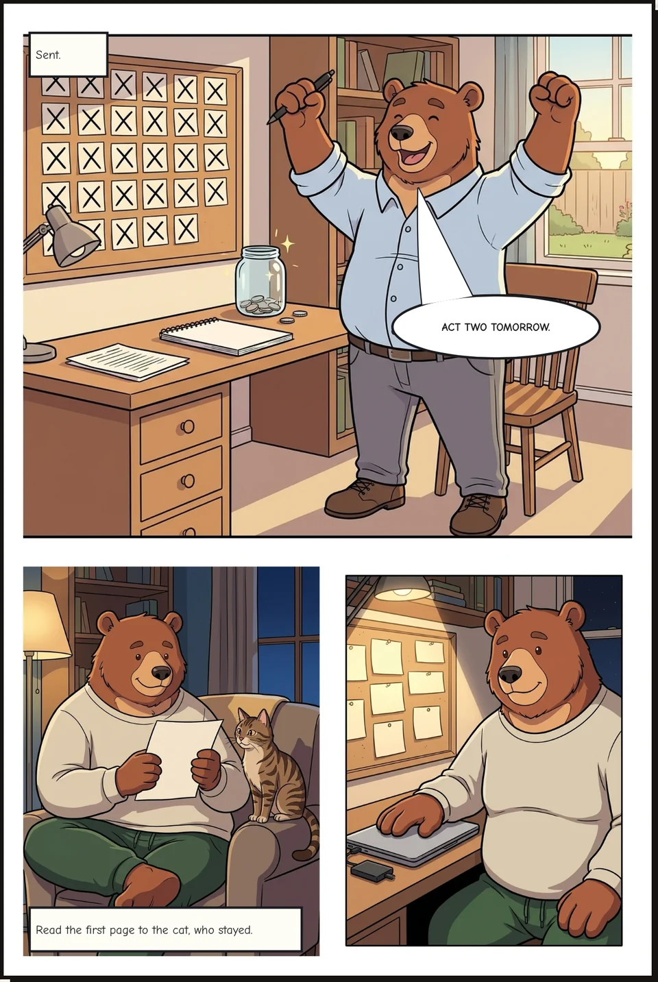 Otis sends act one: a calendar full of crosses, a jar of coins, both fists up, and the cat on the sofa